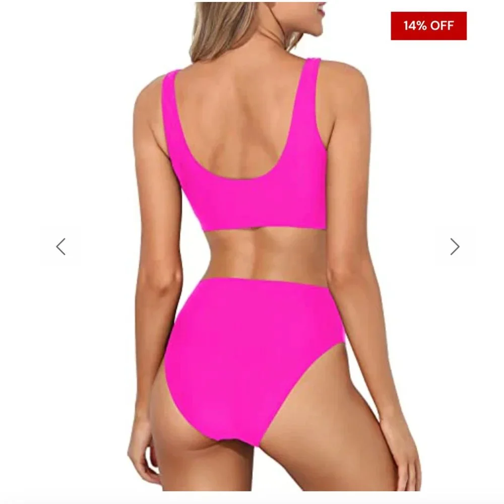 NWT Tempt Me Cheeky High Waisted Neon Pink Bikini - Small - Picture 2 of 10